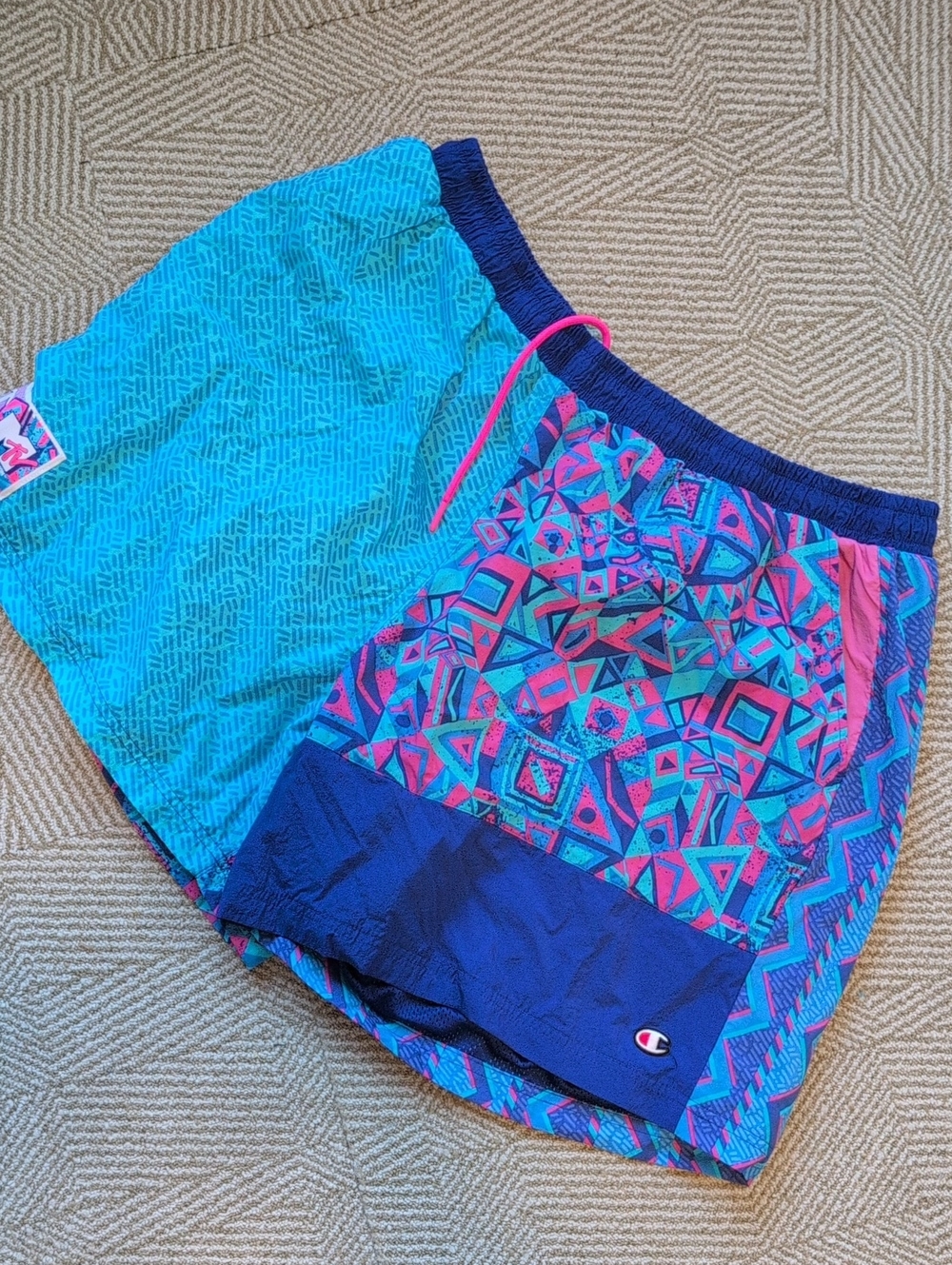 Champion MTV Men's 90s Retro Colorblock Swim Trunks Shorts Teal, Pink & Navy 2xl